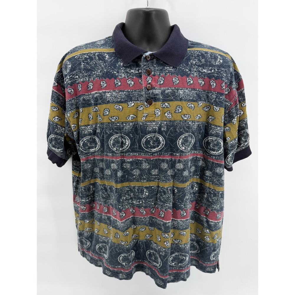 Vintage Career Club Polo Shirt XL 90s All Over Print Aztec Tribal Cotton Navy